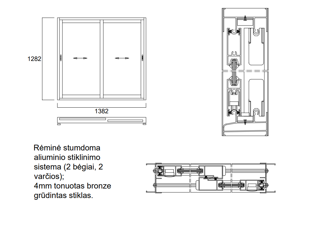 Aliuminio profilių rėminė stumdoma sistema 1382x 1282 2 bėgiai 2 varčios