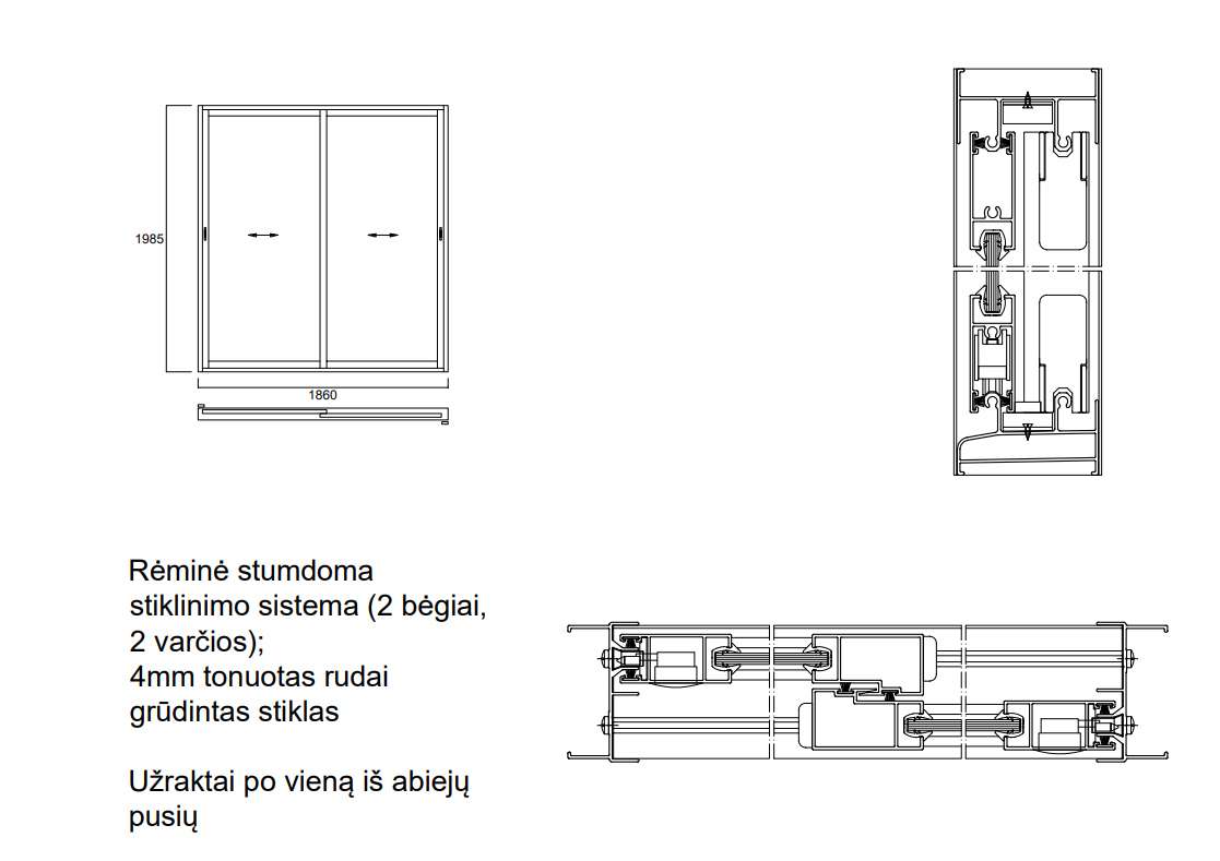 Aliuminio profilių rėminė stumdoma sistema 1860x1985 2 bėgiai 2 varčios
