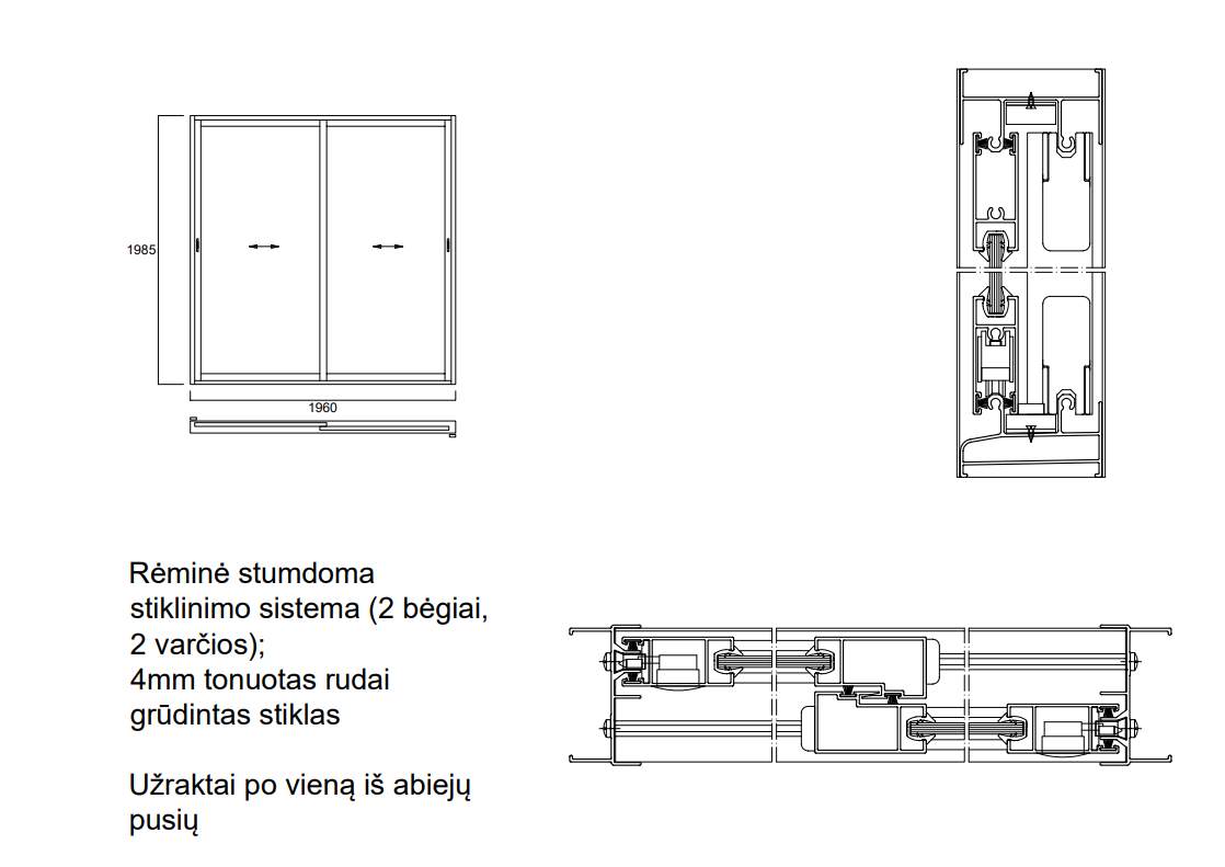 Aliuminio profilių rėminė stumdoma sistema 1960x1985 2 bėgiai 2 varčios