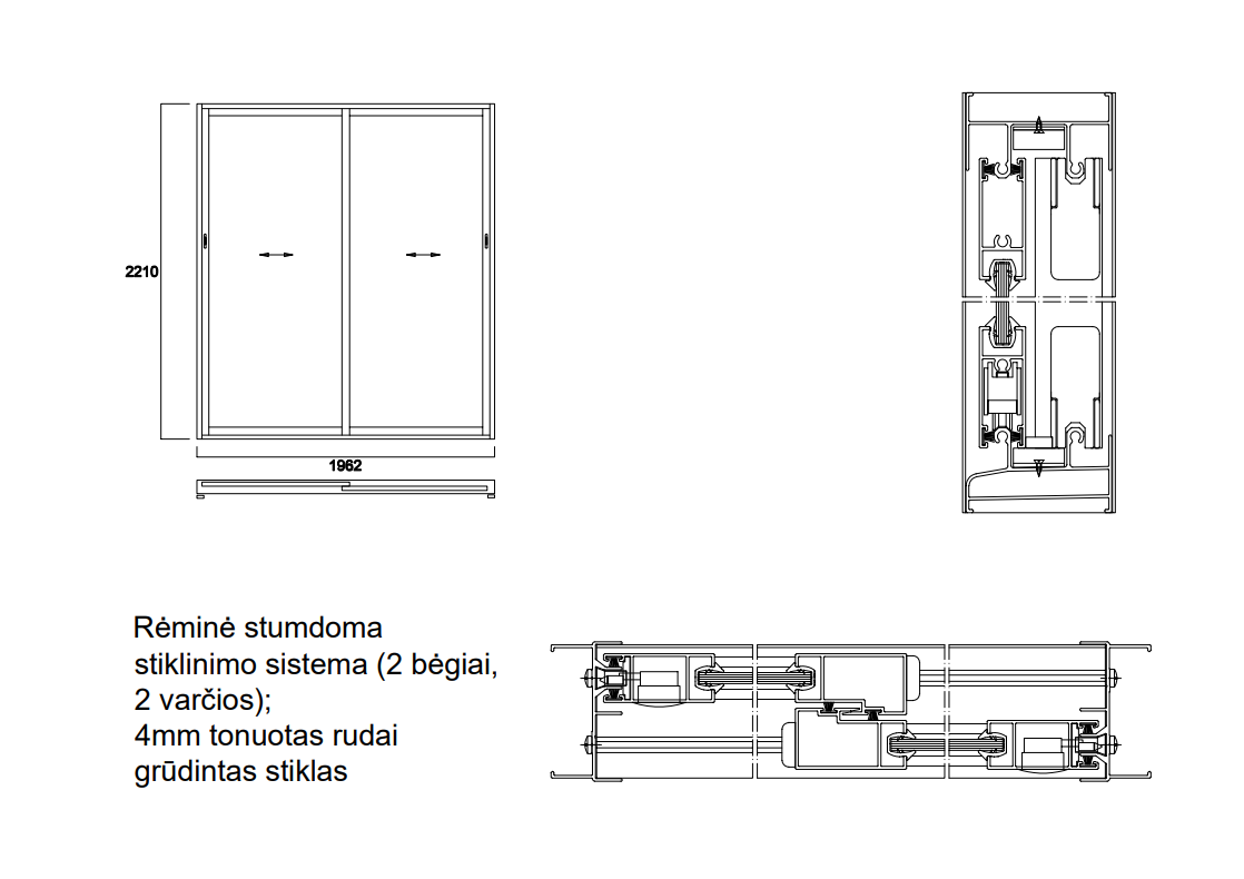Aliuminio profilių rėminė stumdoma sistema 1962x2210 2 bėgiai 2 varčios