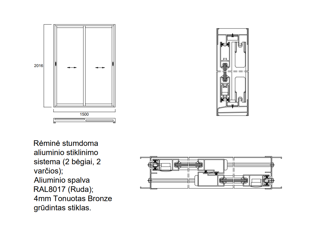 Aliuminio profilių rėminė stumdoma sistema 2016 x 1500 2 bėgiai 2 varčios