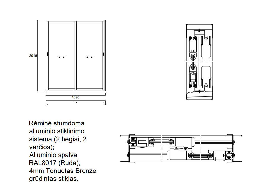 Aliuminio profilių rėminė stumdoma sistema 2016 x 1690 2 bėgiai 2 varčios