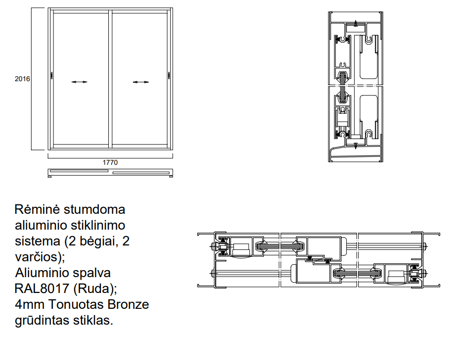 Aliuminio profilių rėminė stumdoma sistema 2016 x 1770 2 bėgiai 2 varčios
