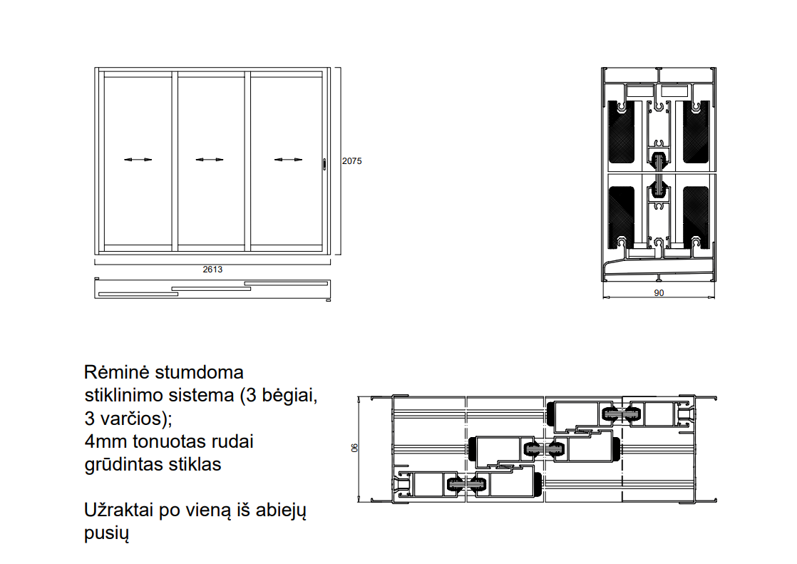 Aliuminio profilių rėminė stumdoma sistema 2613x2075 3 bėgiai 3 varčios