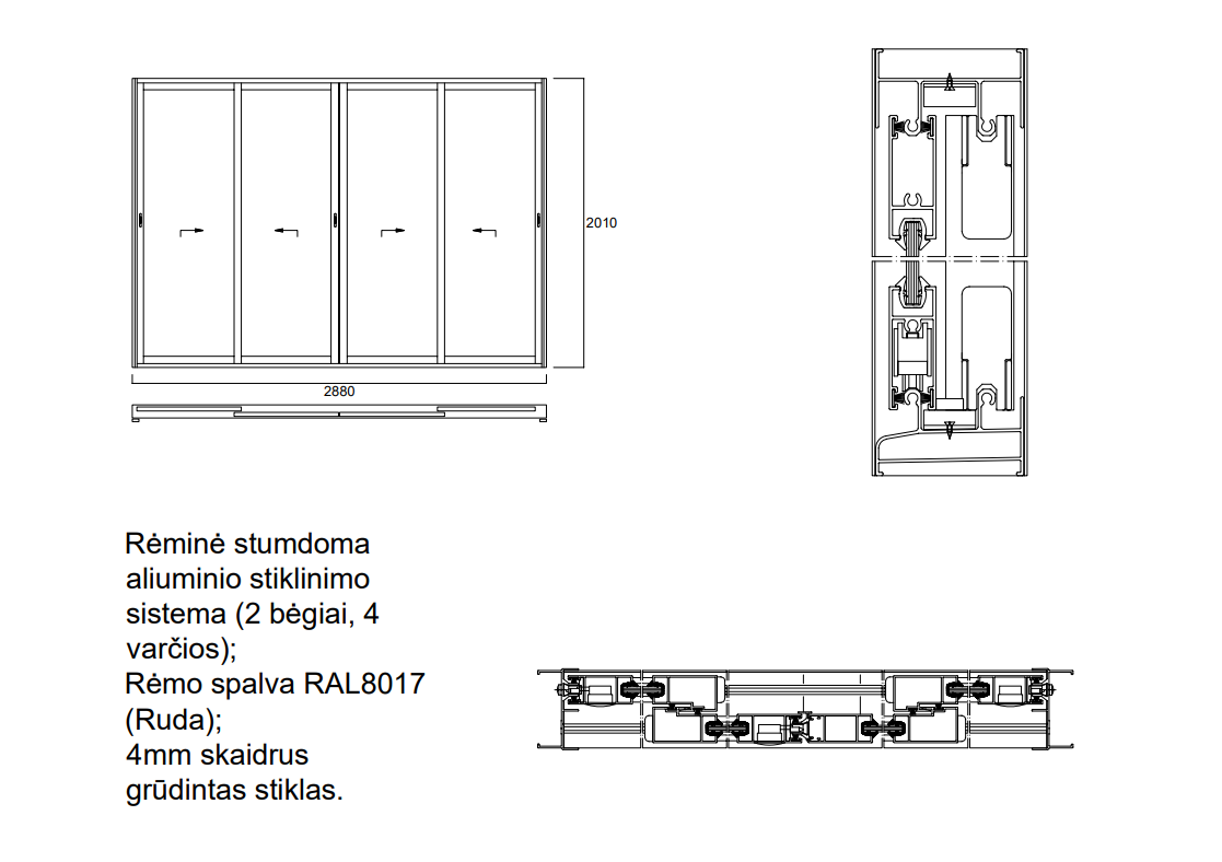 Aliuminio profilių rėminė stumdoma sistema 2880x2010 2 bėgiai 4 varčios