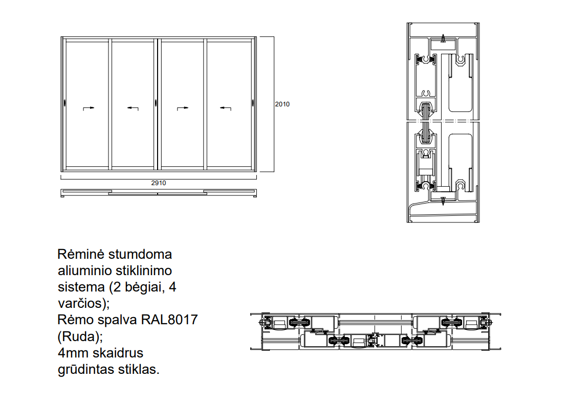 Aliuminio profilių rėminė stumdoma sistema 2910x2010 2 bėgiai 4 varčios