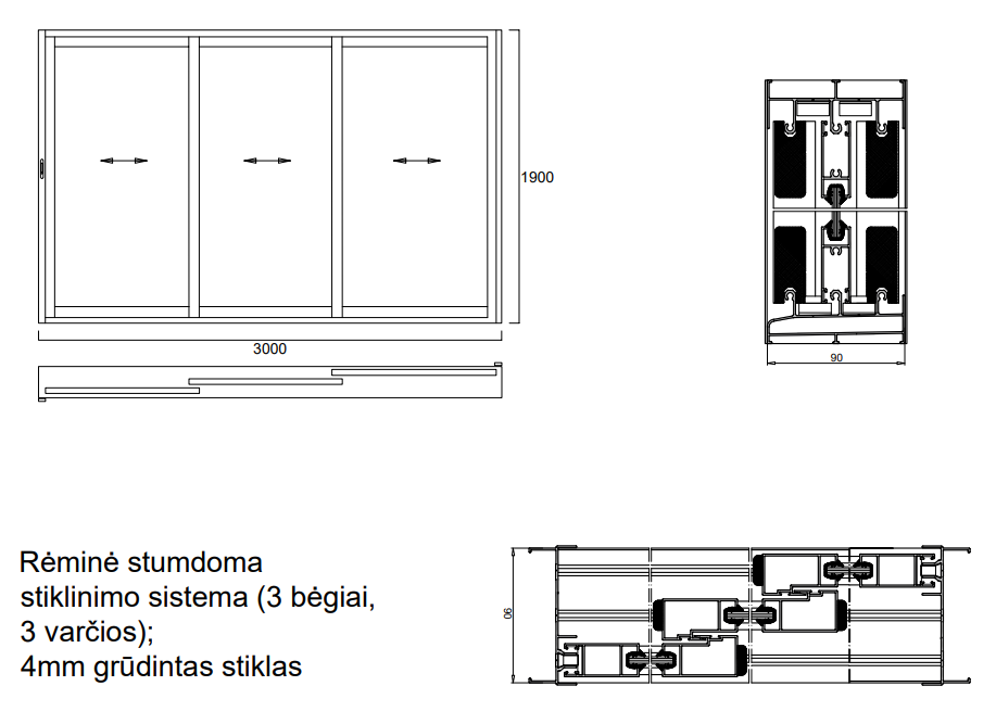 Aliuminio profilių rėminė stumdoma sistema 3000x1900 3 bėgiai 3 varčios