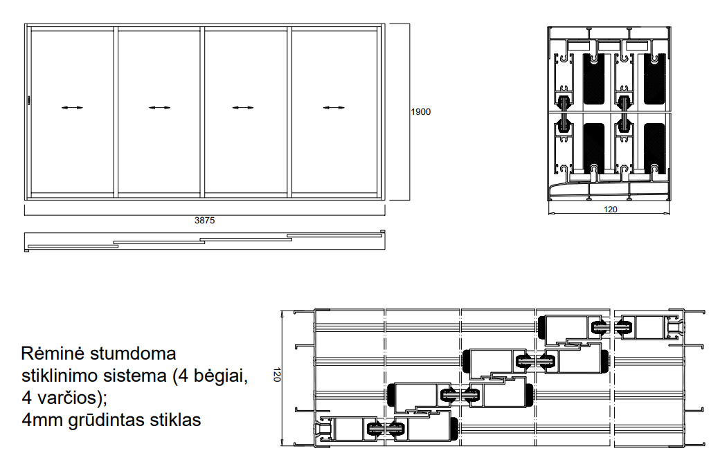 Aliuminio profilių rėminė stumdoma sistema 3875x1900 4 bėgiai 4 varčios