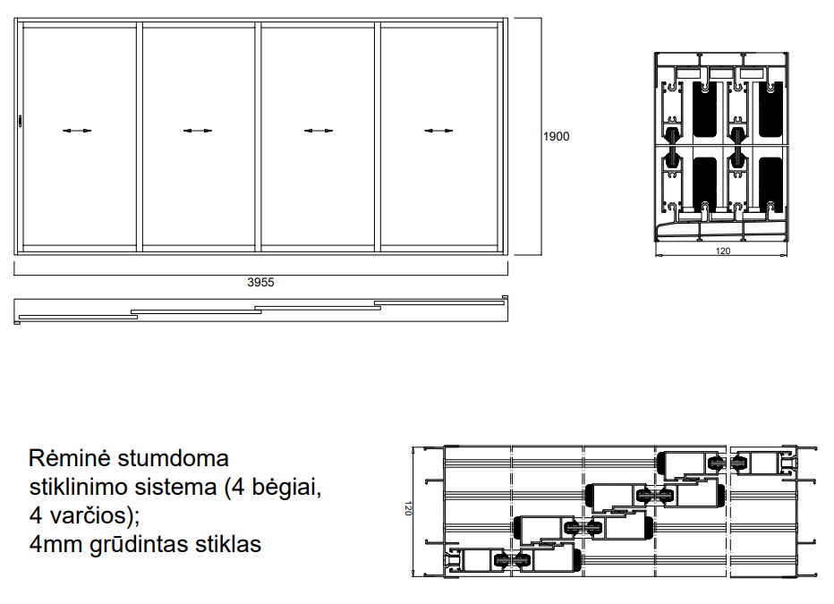 Aliuminio profilių rėminė stumdoma sistema 3955x1900 4 bėgiai 4 varčios