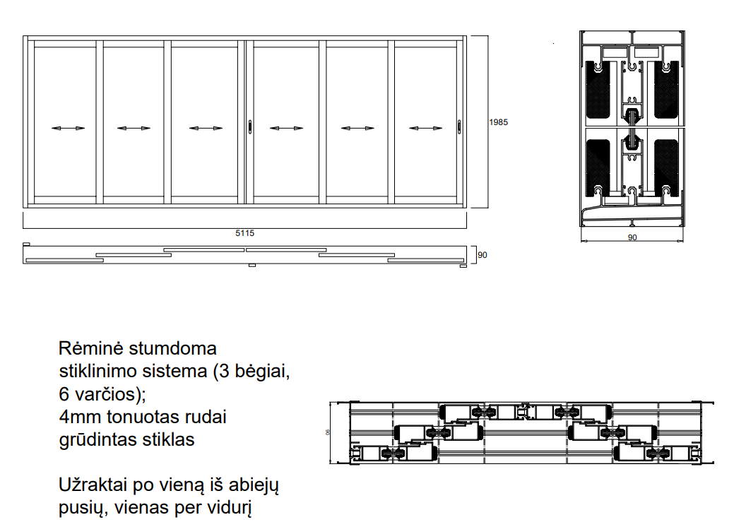 Aliuminio profilių rėminė stumdoma sistema 5115x1985 3 bėgiai 6 varčios