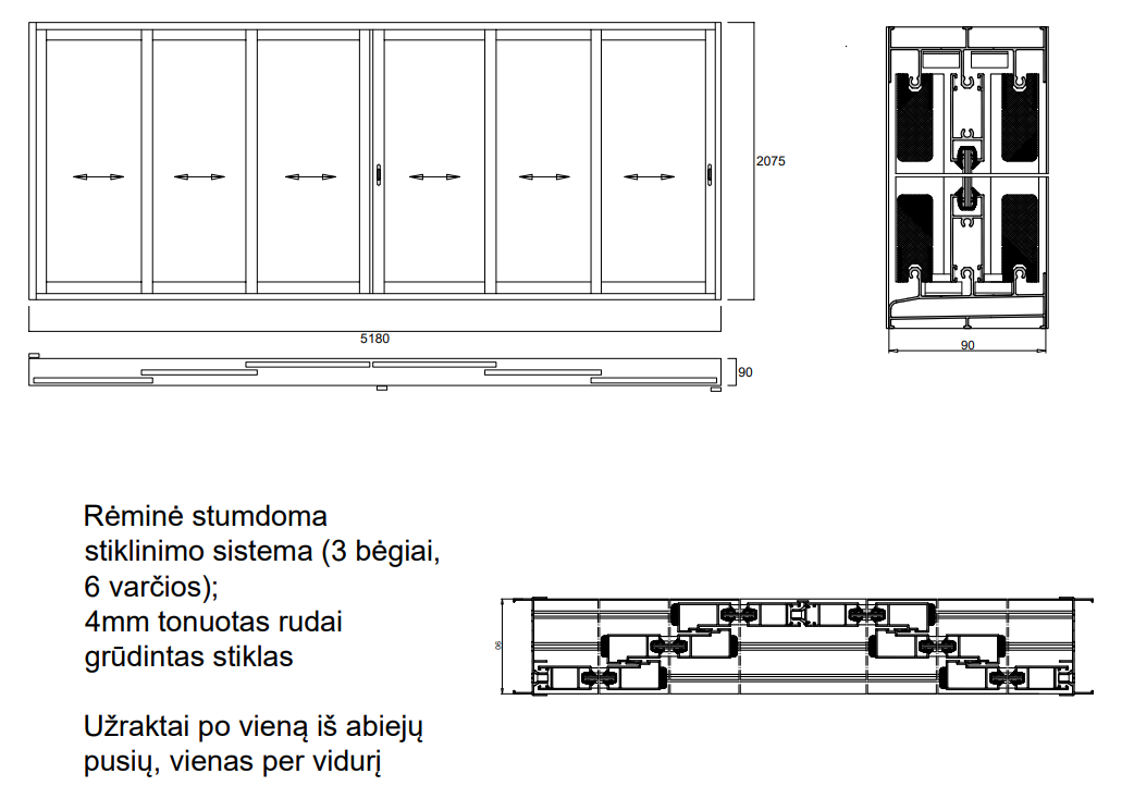 Aliuminio profilių rėminė stumdoma sistema 5180x2075 3 bėgiai 6 varčios