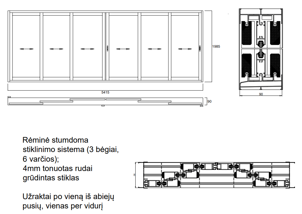 Aliuminio profilių rėminė stumdoma sistema 5415x1985 3 bėgiai 6 varčios