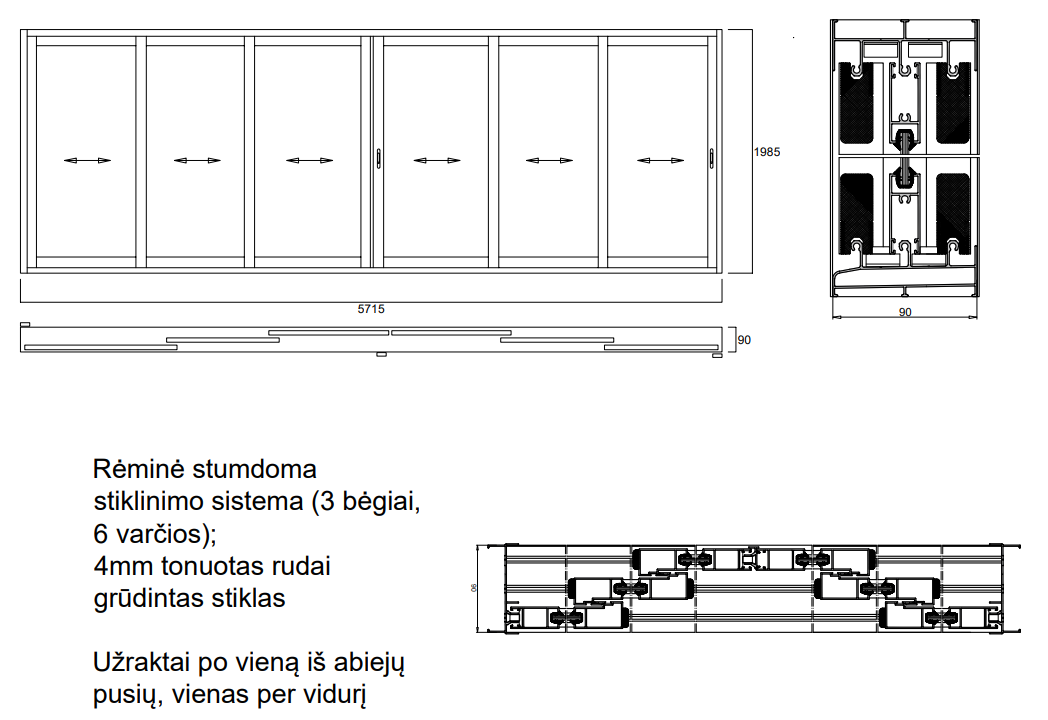 Aliuminio profilių rėminė stumdoma sistema 5715x1985 3 bėgiai 6 varčios