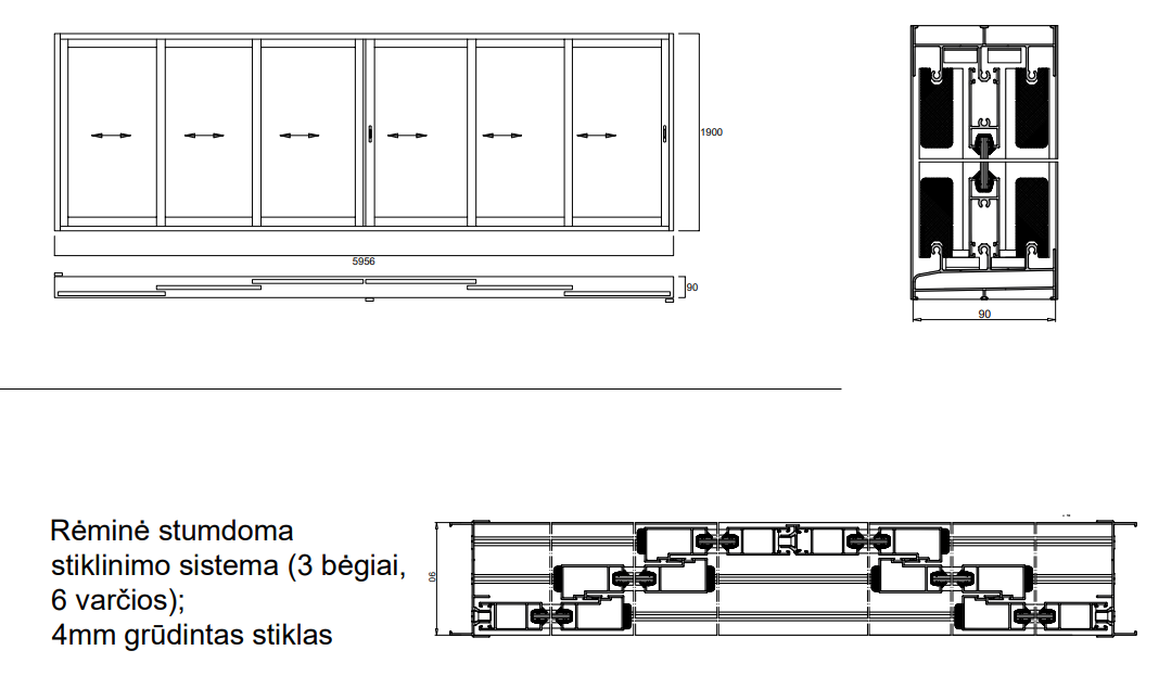 Aliuminio profilių rėminė stumdoma sistema 5956x1900 3 bėgiai 6 varčios