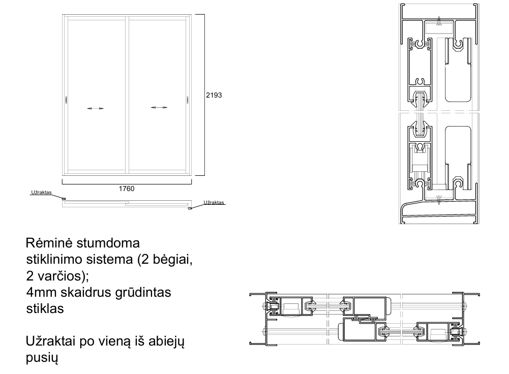 Aliuminio profilių rėminė stumdoma sistema 1760x2193 2 bėgiai 2 varčios