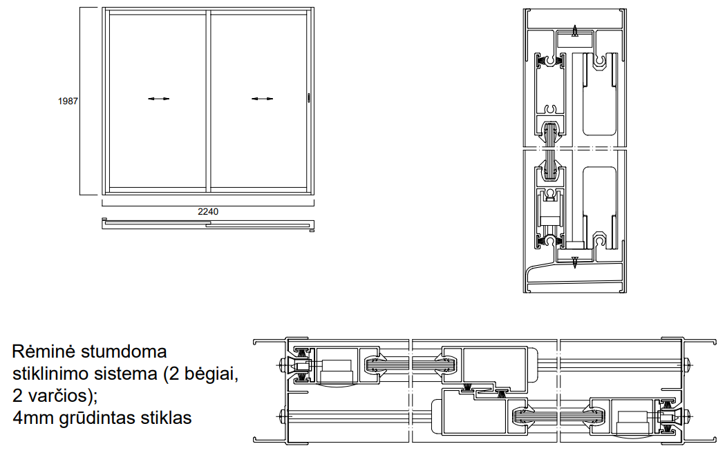 Aliuminio profilių rėminė stumdoma sistema 2240x1987 2 bėgiai 2 varčios