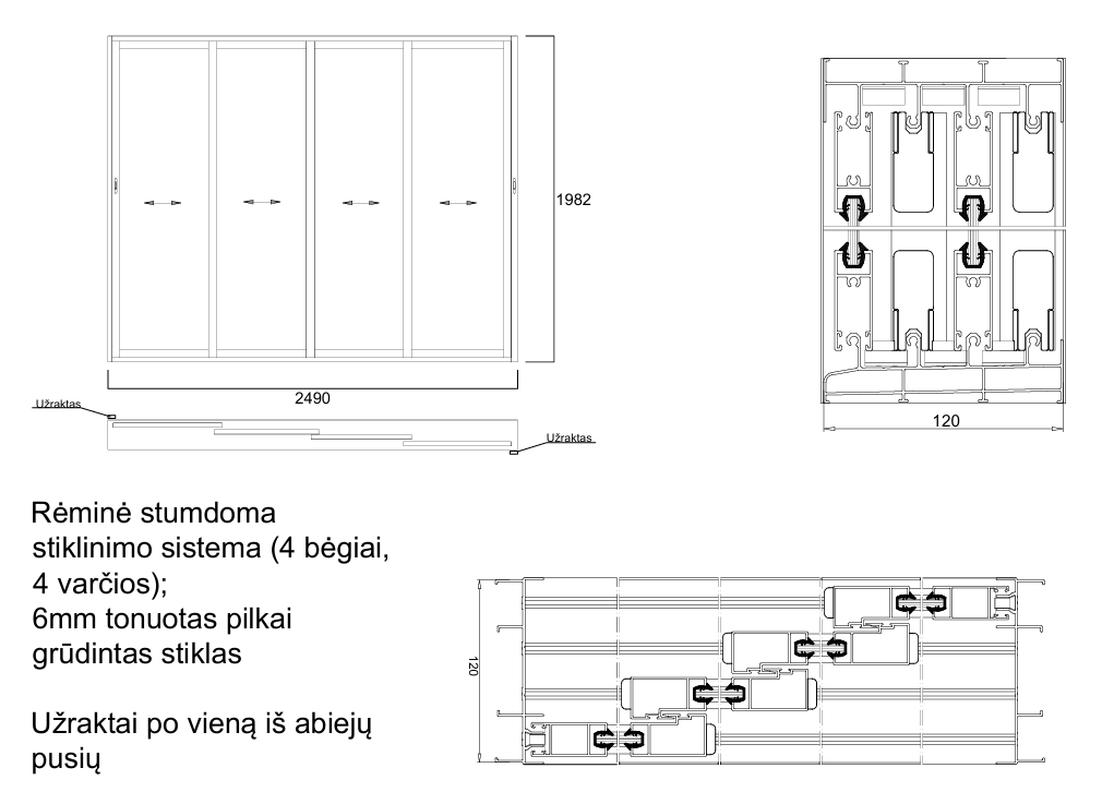 Aliuminio profilių rėminė stumdoma sistema 2490x1982 3 bėgiai 3 varčios