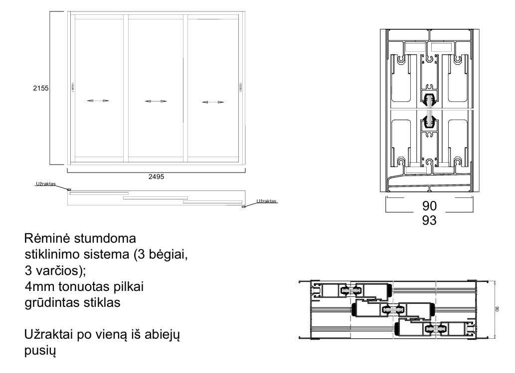 Aliuminio profilių rėminė stumdoma sistema 2495x2155 3 bėgiai 3 varčios