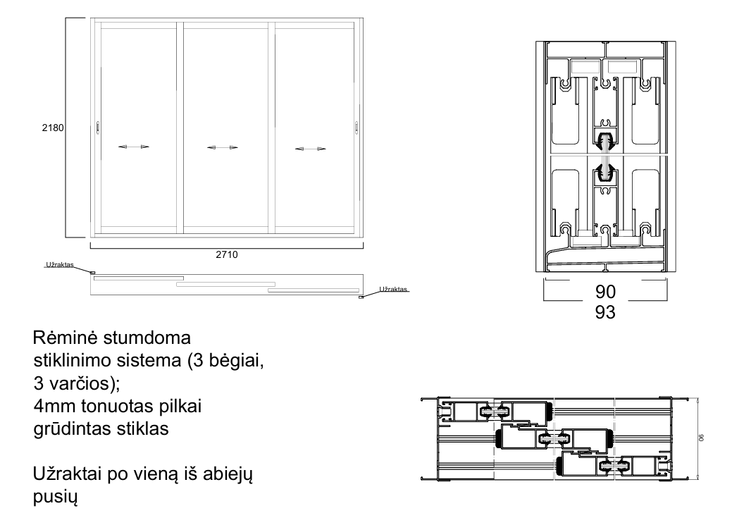 Aliuminio profilių rėminė stumdoma sistema 2710x2180 3 bėgiai 3 varčios