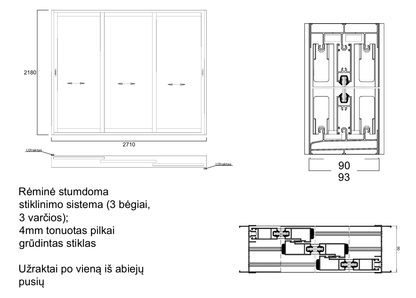 Aliuminio profilių rėminė stumdoma sistema 2710x2180 3 bėgiai 3 varčios