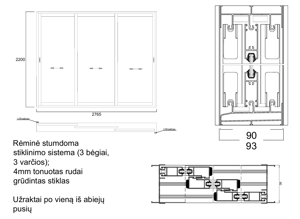 Aliuminio profilių rėminė stumdoma sistema 2765x2200 3 bėgiai 3 varčios