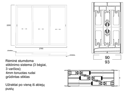 Aliuminio profilių rėminė stumdoma sistema 2765x2200 3 bėgiai 3 varčios