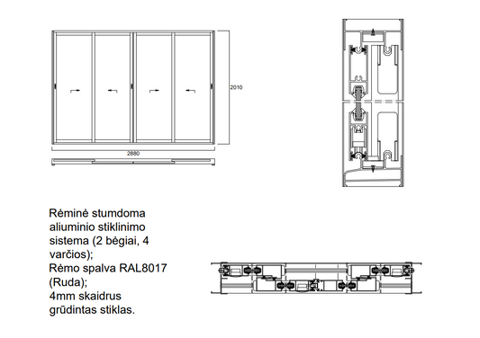 Aliuminio profilių rėminė stumdoma sistema 2880x2010 2 bėgiai 4 varčios