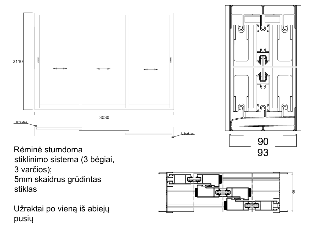 Aliuminio profilių rėminė stumdoma sistema 3030x2110 3 bėgiai 3 varčios