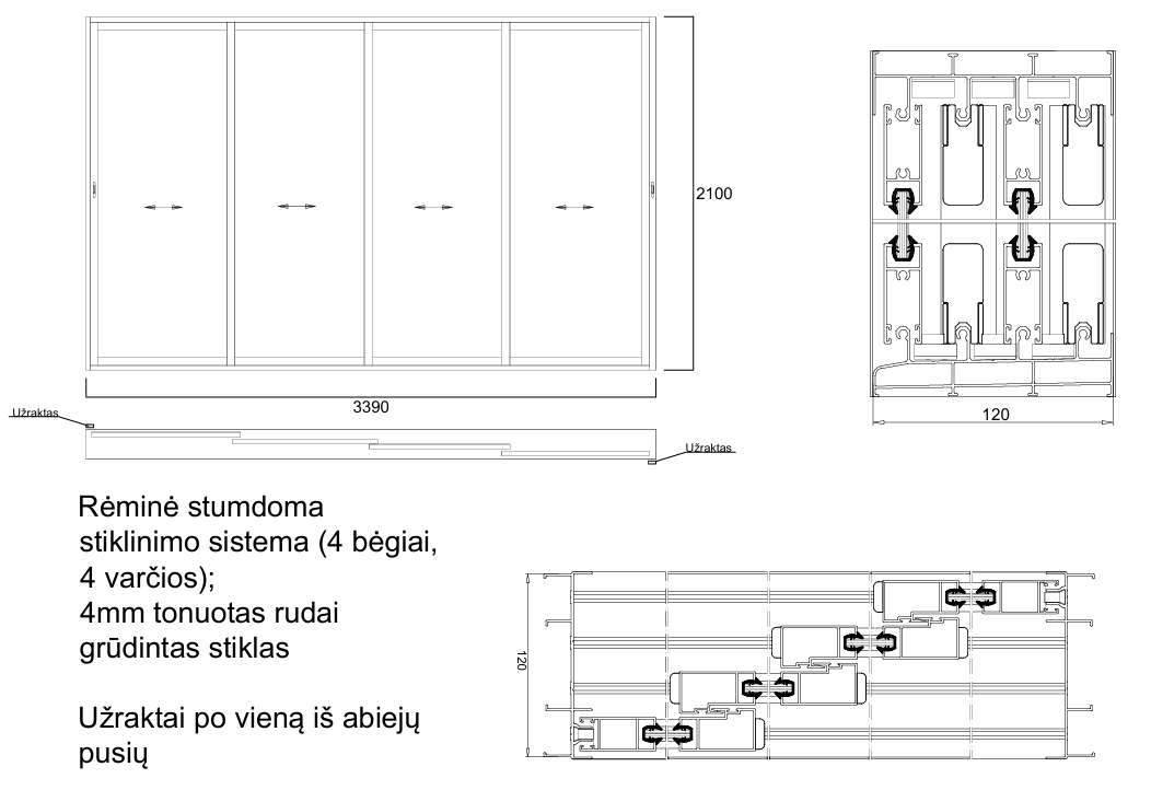 Aliuminio profilių rėminė stumdoma sistema 3390x2100 4 bėgiai 4 varčios