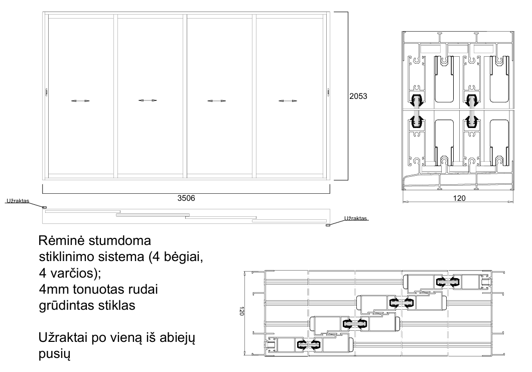 Aliuminio profilių rėminė stumdoma sistema 3506x2053 4 bėgiai 4 varčios