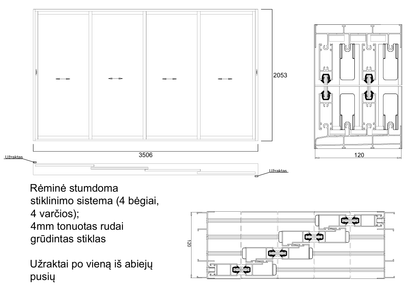 Aliuminio profilių rėminė stumdoma sistema 3506x2053 4 bėgiai 4 varčios