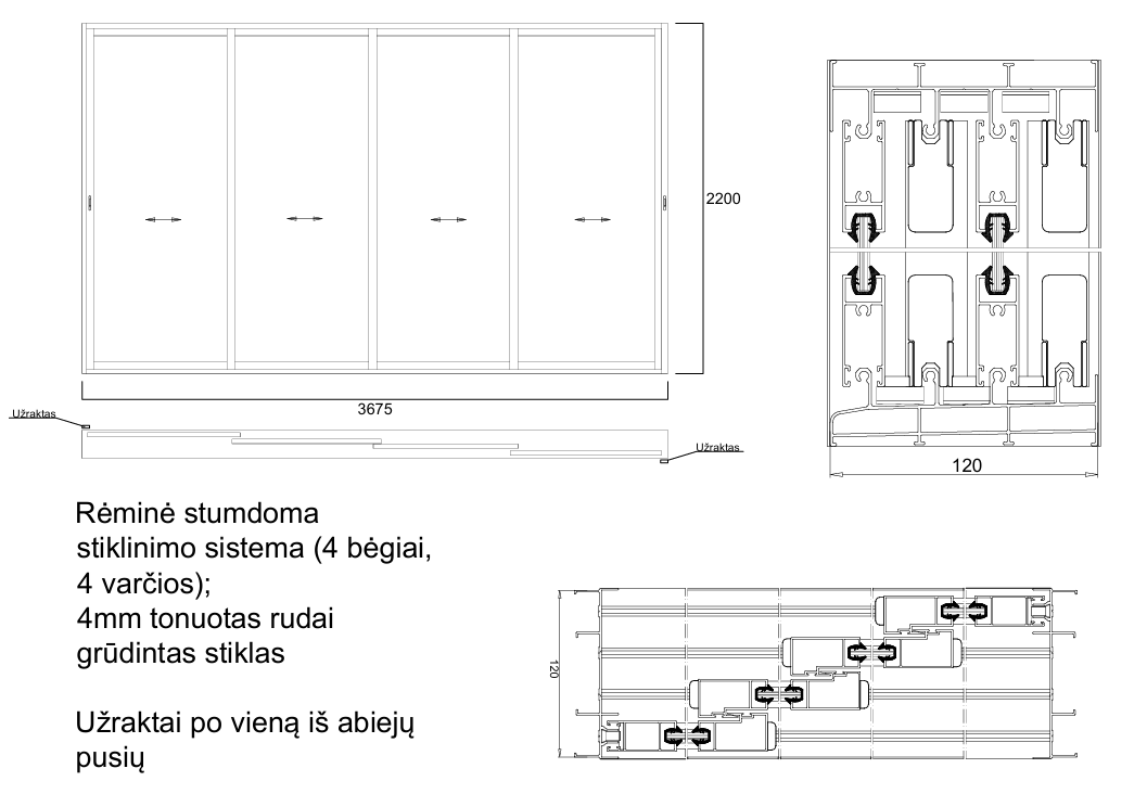 Aliuminio profilių rėminė stumdoma sistema 3675x2200 4 bėgiai 4 varčios