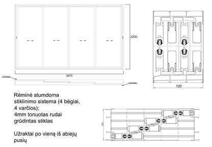 Aliuminio profilių rėminė stumdoma sistema 3675x2200 4 bėgiai 4 varčios
