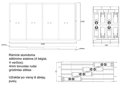 Aliuminio profilių rėminė stumdoma sistema 3760x2100 4 bėgiai 4 varčios