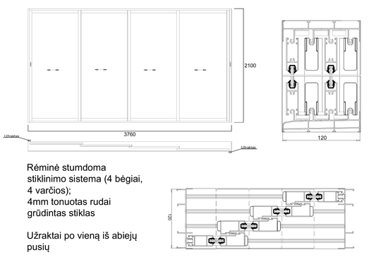 Aliuminio profilių rėminė stumdoma sistema 3760x2100 4 bėgiai 4 varčios